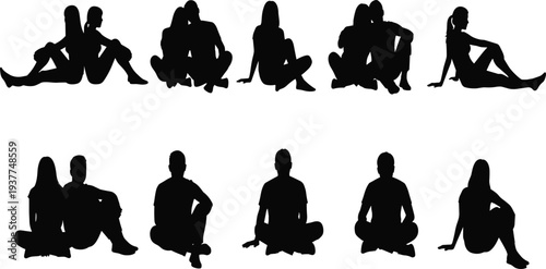 Silhouette people sitting together and alone, social interaction, companionship, loneliness, posture study, minimal black figures, human connection illustration
