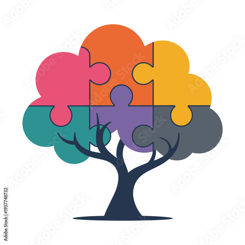 A colorful tree illustration with puzzle pieces for leaves in a modern style