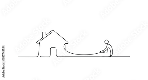 Minimalist continuous line drawing depicting a simple house outline connected to a person sitting in a relaxed pose.
