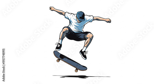 A skateboarder performs an ollie in mid-air captured from a side viewpoint in an urban skatepark