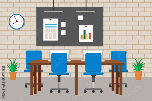 A brightly colored meeting room with a presentation board and chairs