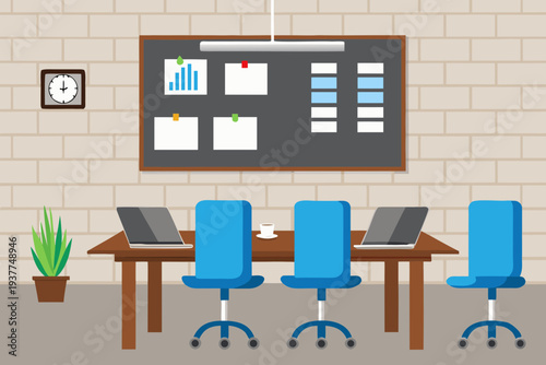 Conference room with a chalkboard table chairs and office supplies