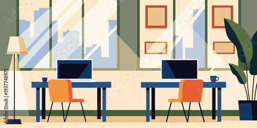 Minimalist home office setup with two desks and city view background