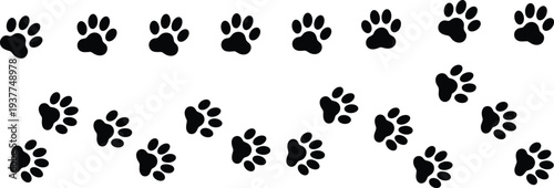 Black paw prints in a scattered pattern across a white background Keywords: paw prints, animal tracks, dog paws, cat paws