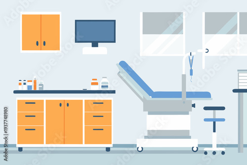 Minimalist illustration of a modern examination room with medical equipment