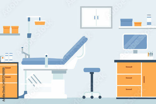 A brightly colored minimalist illustration of a doctor s examination room