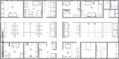 Architectural plan depicting an office layout with desks and furniture