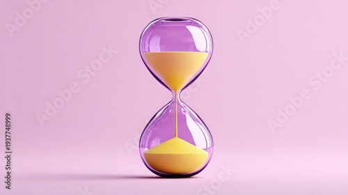 Elegant hourglass with yellow sand flowing against a soft pink background