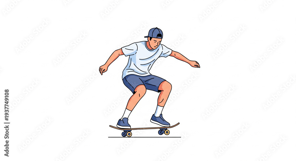 Fototapeta premium A young man skateboarding with skill and balance on a skateboard, performing a trick, illustration