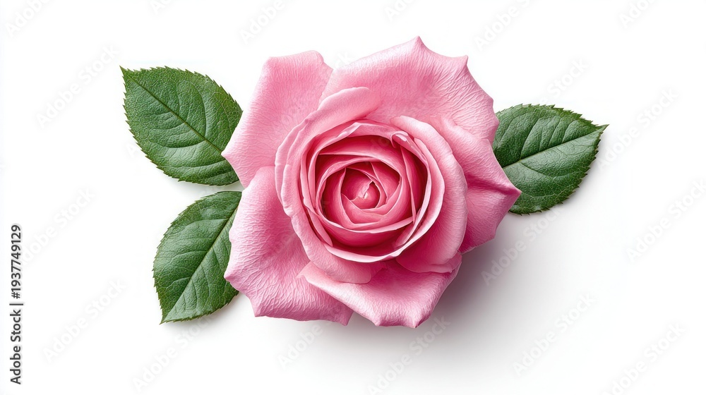 Naklejka premium Delicate pink rose with green leaves on a clean white background, symbolizing love and beauty