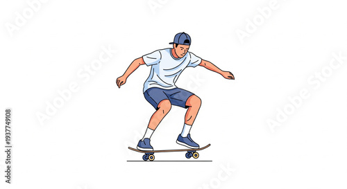 A young man skateboarding with skill and balance on a skateboard, performing a trick, illustration