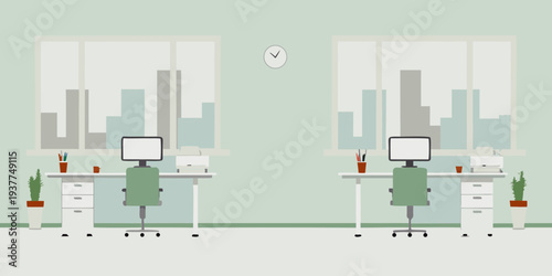 Minimalist office interior with two desks facing a cityscape backdrop