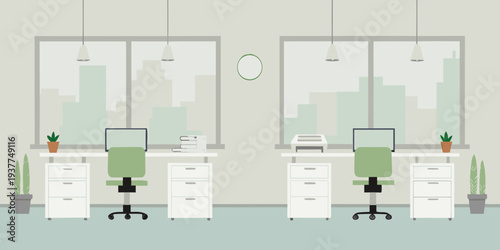 Minimalist office space with desks chairs and large window views