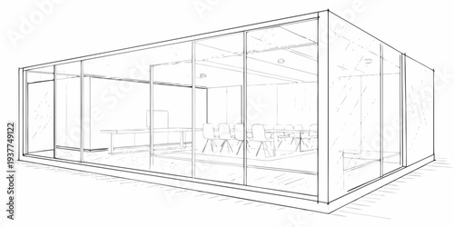 Line drawing of a modern office space with glass walls and furniture