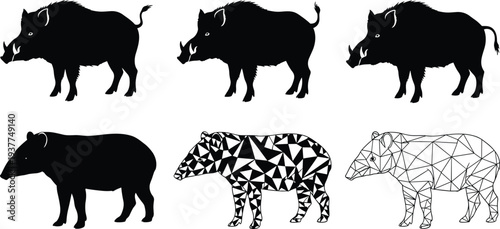 Wild boar and tapir silhouette collection with geometric polygonal patterns, black and white animal vector illustrations for nature conservation designs.