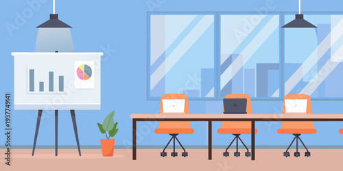 Modern office space featuring a presentation board and unoccupied workstations