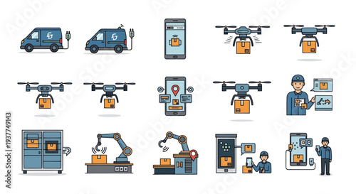 Modern Logistics Icons: Drones, Vans, Robots, and Mobile App for Delivery