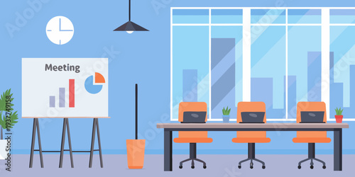 A modern office meeting room with a presentation and seated coworkers