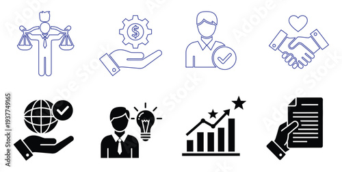 Business and law icons set including justice partnership and innovation symbols