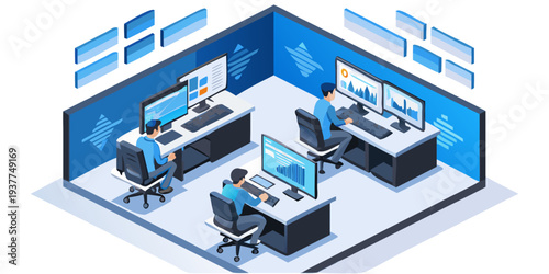 Isometric illustration of a modern data analysis office with workers