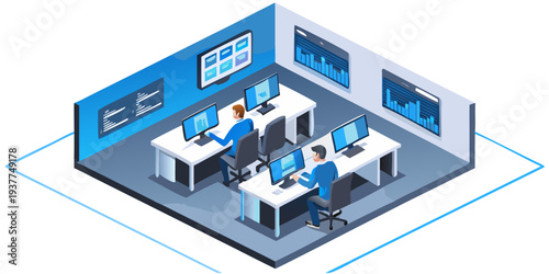 Isometric illustration of a modern data analysis and monitoring control room