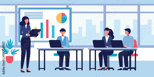 Business team collaborating in a modern office with a presentation