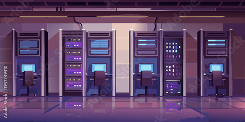 A brightly lit server room with rows of racks and computer workstations