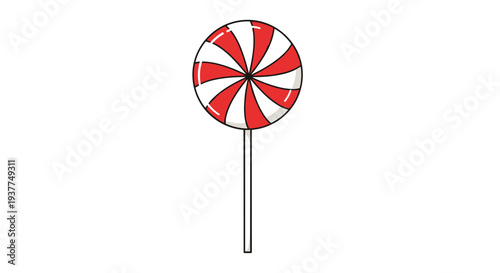 Classic round lollipop with a red and white spiral swirl pattern on a simple white stick isolated on a white background.