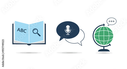 Language Learning, Communication and Global Education Icons: Book, Microphone, Globe