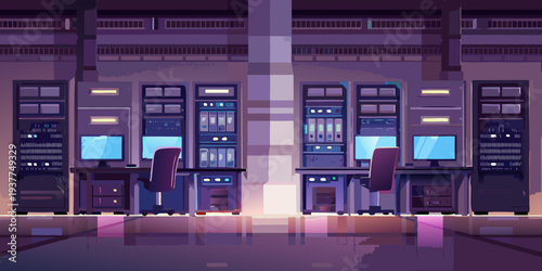 A dimly lit server room with rows of computers and office chairs