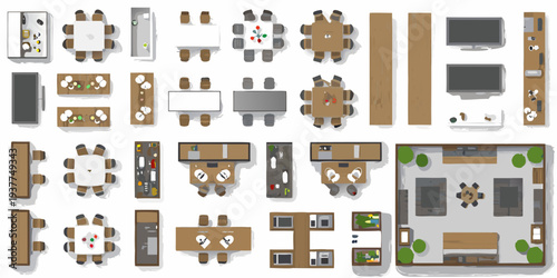 Overhead view of various office and room layouts with furniture