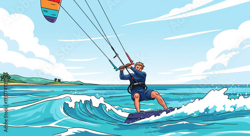 Man kitesurfing on ocean waves with kite in the sky view