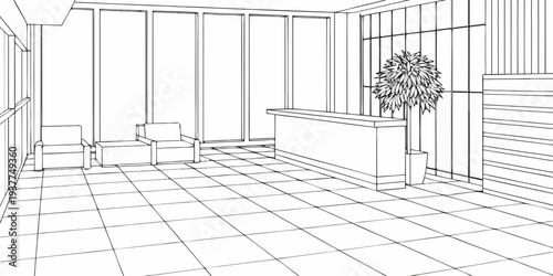 Line drawing of an empty lobby with a reception desk and seating