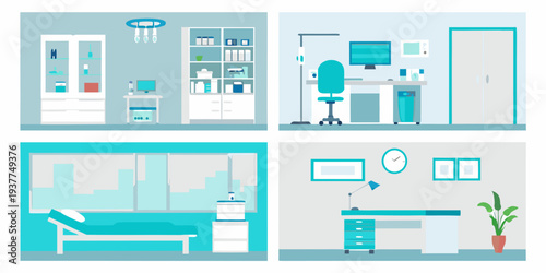 Illustrative view of a modern hospital interior with various medical rooms