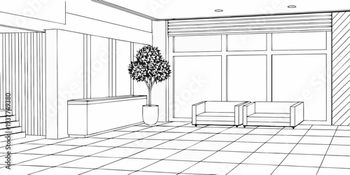 Interior architectural sketch of a modern lobby with seating and a plant
