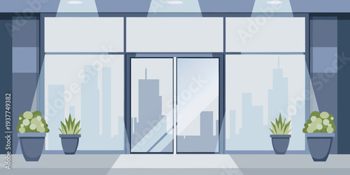 Modern storefront with glass doors and a city skyline reflection