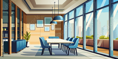 Modern office meeting room with large windows and a conference table