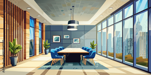 Modern conference room with a large table and city view through windows