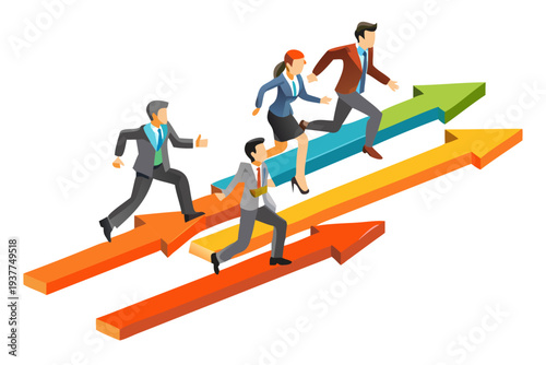 Business professionals running up arrows symbolizing growth and success