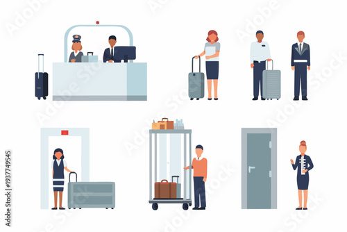 Airport staff and travelers check in baggage handling and security scenes