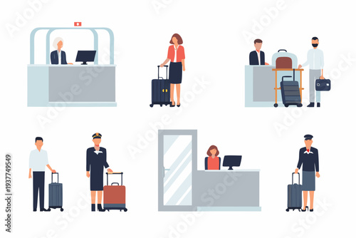 People at an airport checking in waiting and traveling with luggage