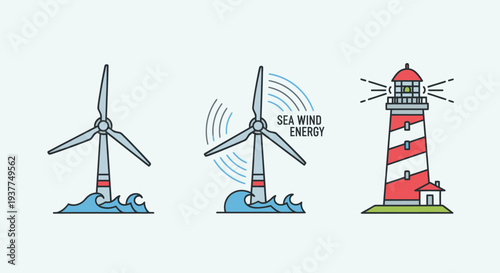 Offshore Wind Turbine and Lighthouse Icons with Sea Waves - Renewable Energy Concept