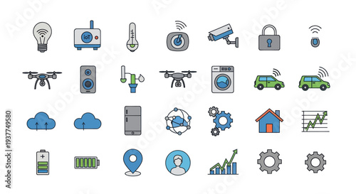 Smart Home Technology Icons Set: IoT Devices, Automation, Connectivity, Security, Gadgets