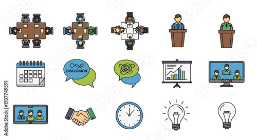 Business Meeting Icons: Collaboration, Presentation, Discussion, Strategy, Technology