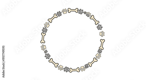 Decorative circular frame composed of beige dog bones and gray paw prints in various sizes, creating a charming border for pet related content.