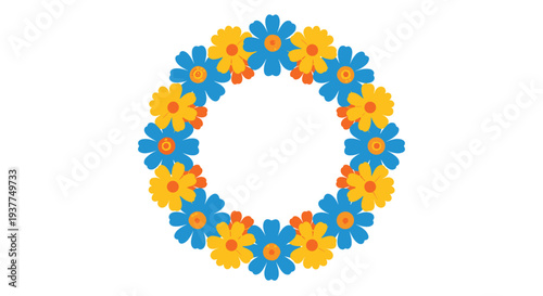 Floral wreath composed of alternating bright blue and golden yellow flowers with orange centers arranged in a perfect circle on a white space.
