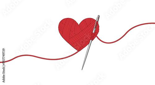 Red yarn thread wound into a heart shape being pierced by a large silver metal needle, symbolizing handmade crafts, love, and sewing hobbies art.