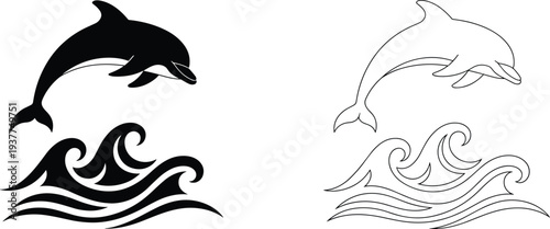 Black Silhouette Dolphin Jumping Over Waves And Outline Dolphin With Waves ocean