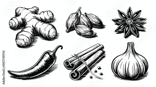 hand drawn spice and herb illustrations including ginger garlic chili pepper