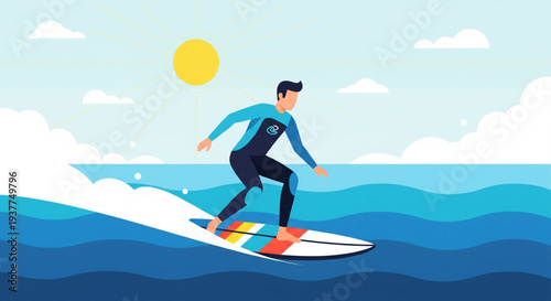 Man surfing on wave with colorful board in ocean under sunny sky